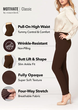 Motivate Classic High Waisted Perfect Stretch Ponte Pants - Brown
