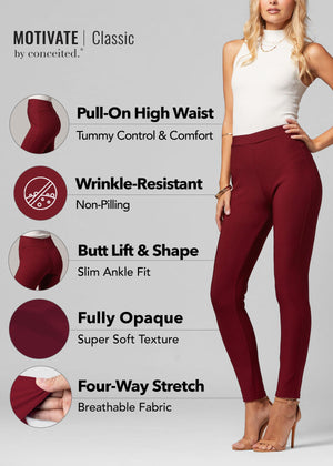 Motivate Classic High Waisted Perfect Stretch Ponte Pants - Burgundy