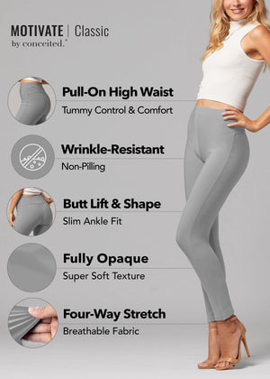 Motivate Classic High Waisted Perfect Stretch Ponte Pants - Grey
