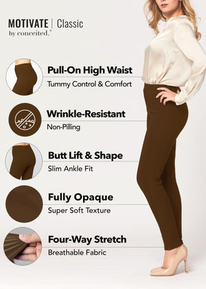Motivate Classic High Waisted Perfect Stretch Ponte Pants - Mocha Brown