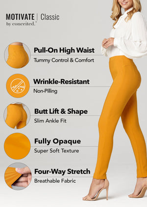 Motivate Classic High Waisted Perfect Stretch Ponte Pants - Mustard