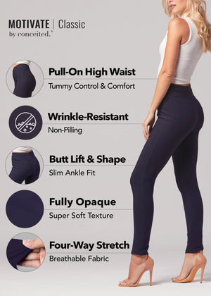Motivate Classic High Waisted Perfect Stretch Ponte Pants - Navy Blue