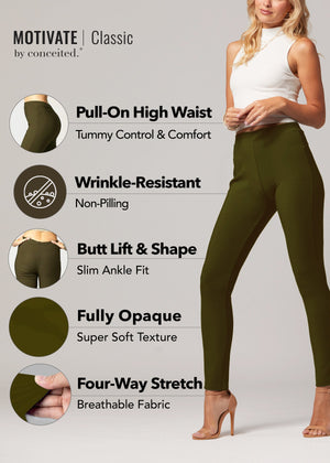 Motivate Classic High Waisted Perfect Stretch Ponte Pants - Olive Green