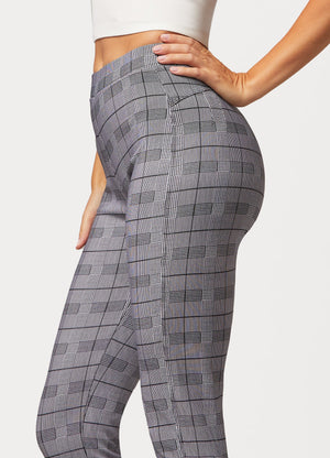 Motivate Classic High Waisted Perfect Stretch Ponte Pants - Plaid Grey