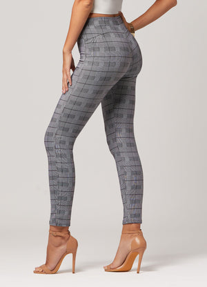 Motivate Classic High Waisted Perfect Stretch Ponte Pants - Plaid Grey