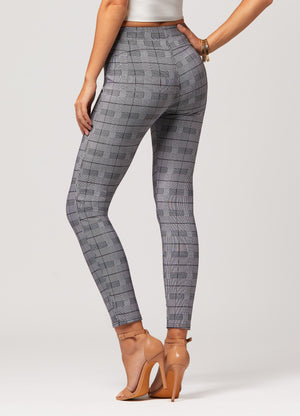 Motivate Classic High Waisted Perfect Stretch Ponte Pants - Plaid Grey