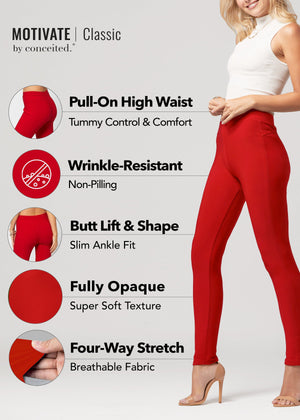 Motivate Classic High Waisted Perfect Stretch Ponte Pants - Red