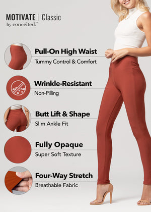 Motivate Classic High Waisted Perfect Stretch Ponte Pants - Rust