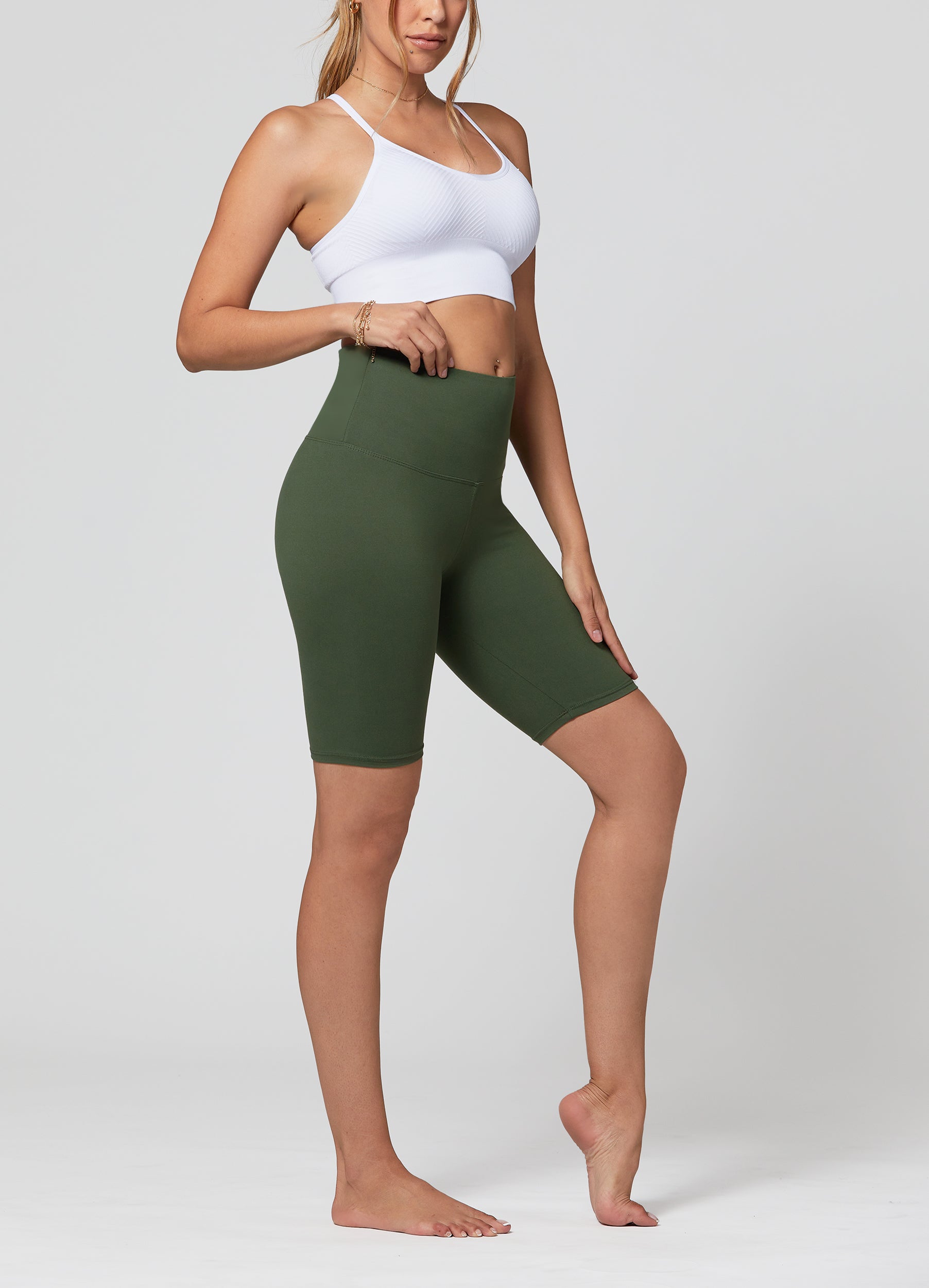 Women's High Waist Yoga Tummy Control Stretch Shorts, 8 Inch - Army Green /  S