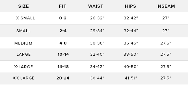 Size measurements table